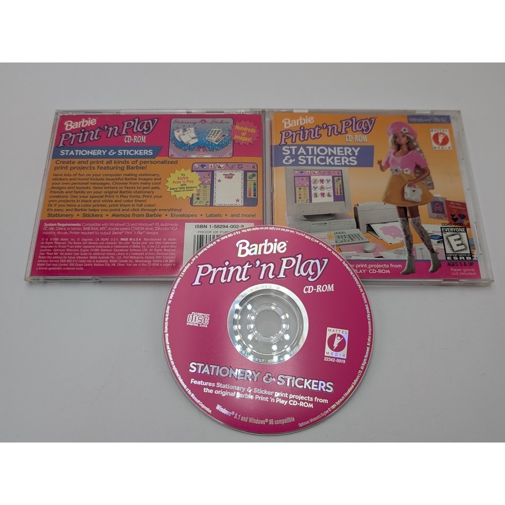 Windows 98 - BARBIE Party Print 'n Play  Stationary & Stixkers CD ROM